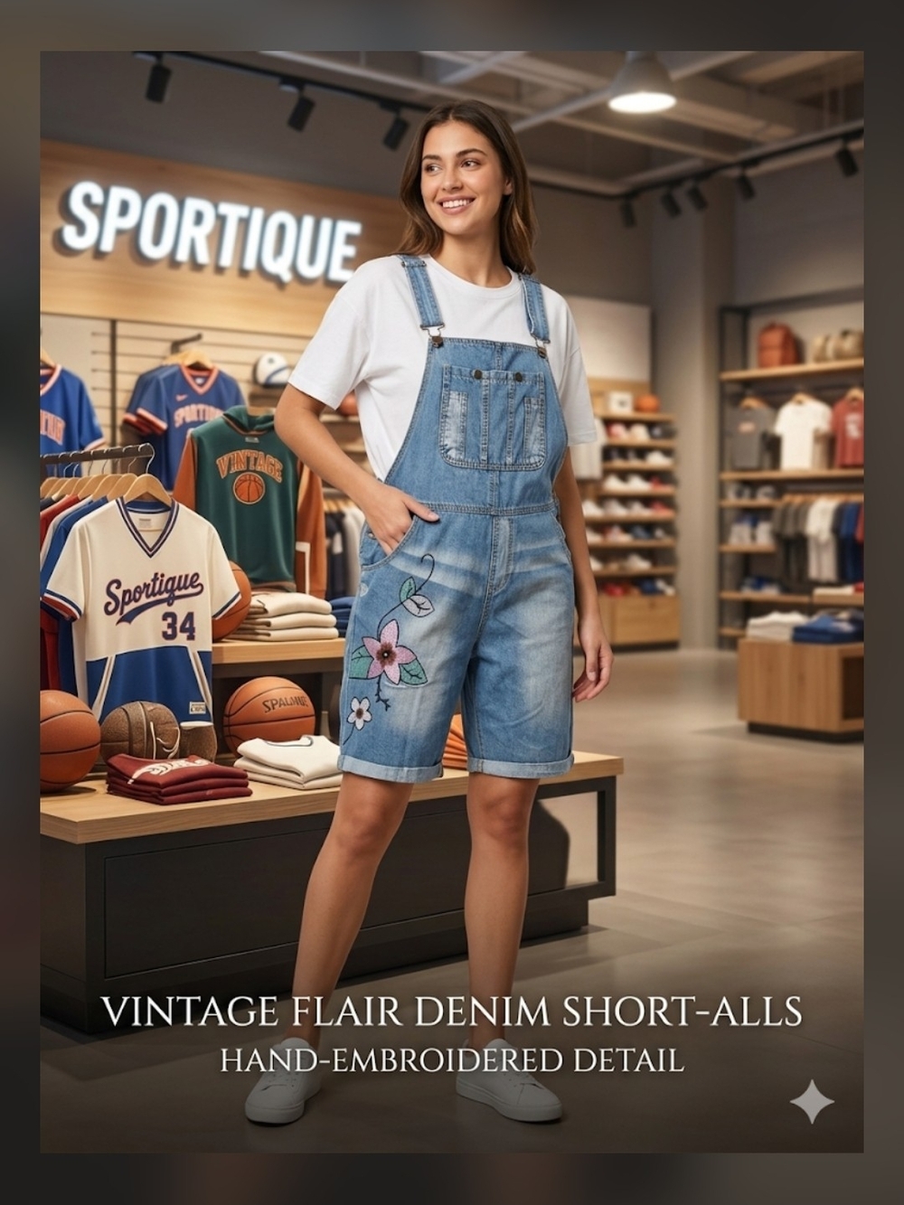 Vintage Embroidered Denim Short Overalls - Size M/L (See Measurements)